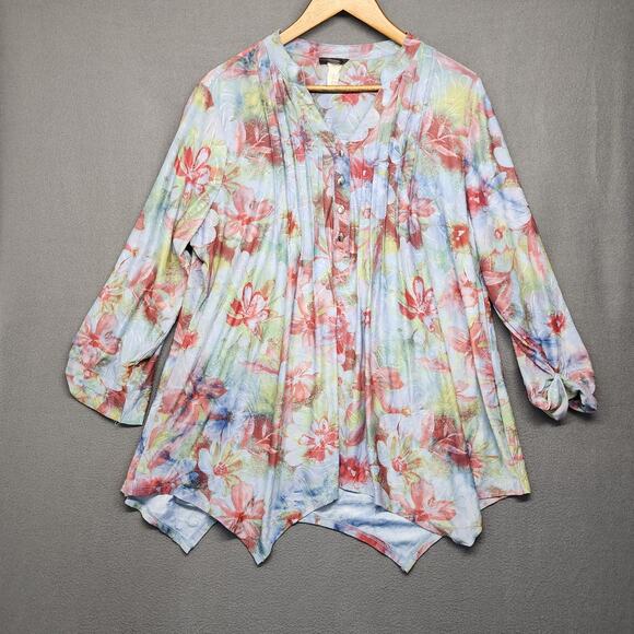 Cocomo Tops - Cocomo Woman Top 3X Floral Popover 3/4 Roll Tab Sleeve Assymetric Hem Stretch